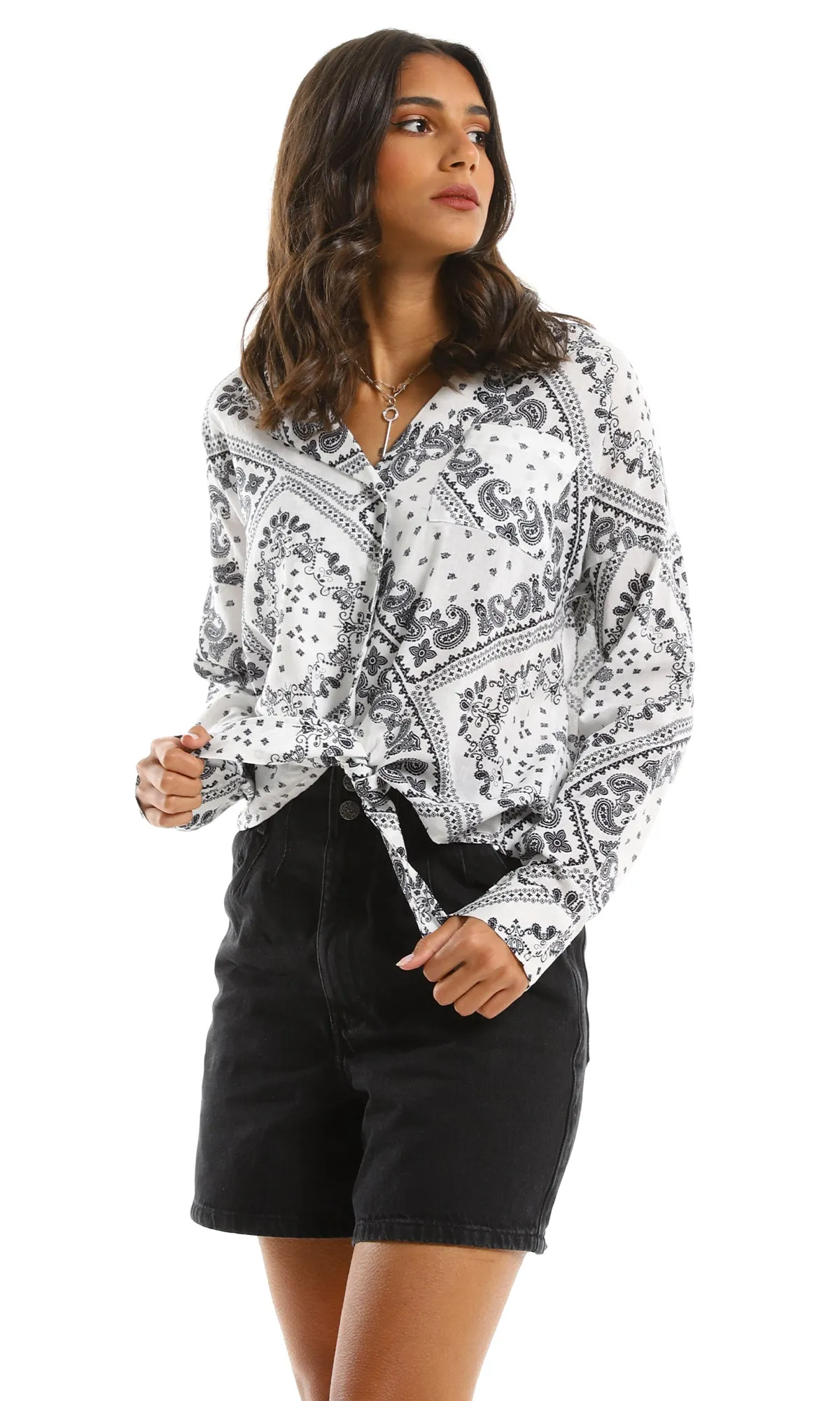 97301 White & Black Paisley Long Sleeves Shirt