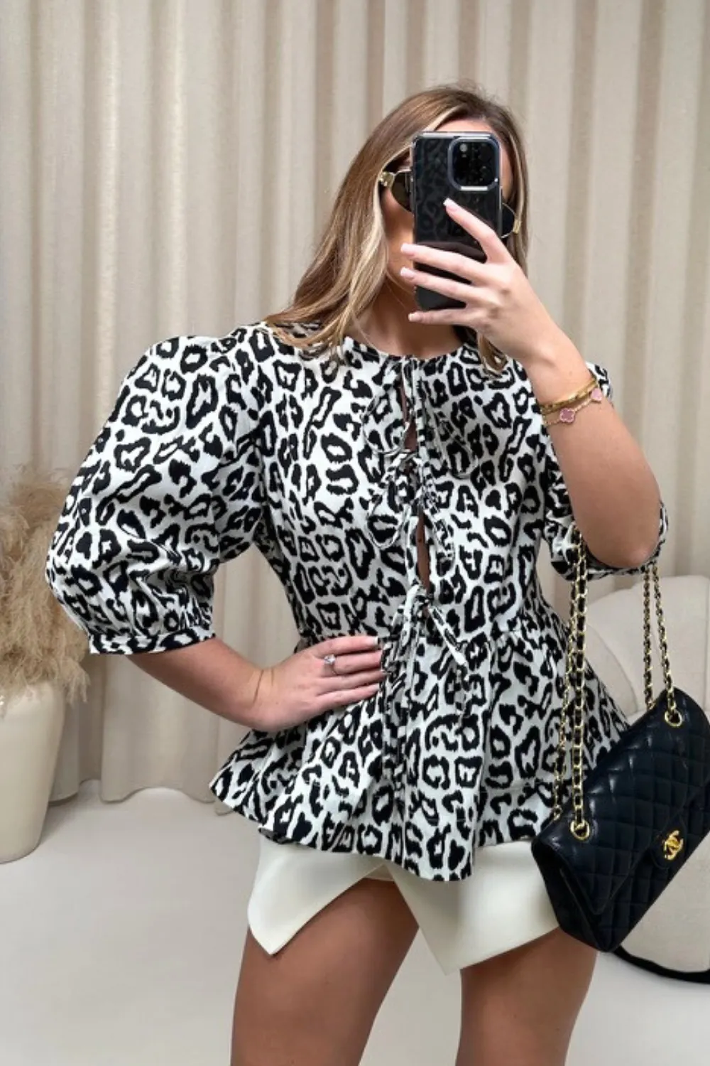 Alani white leopard tie front blouse