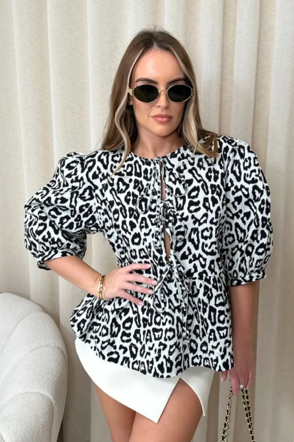 Alani white leopard tie front blouse