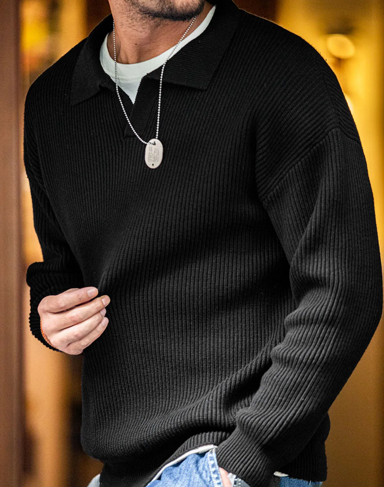 American Lapel Polo Loose Pullover Knitted Men's Sweater