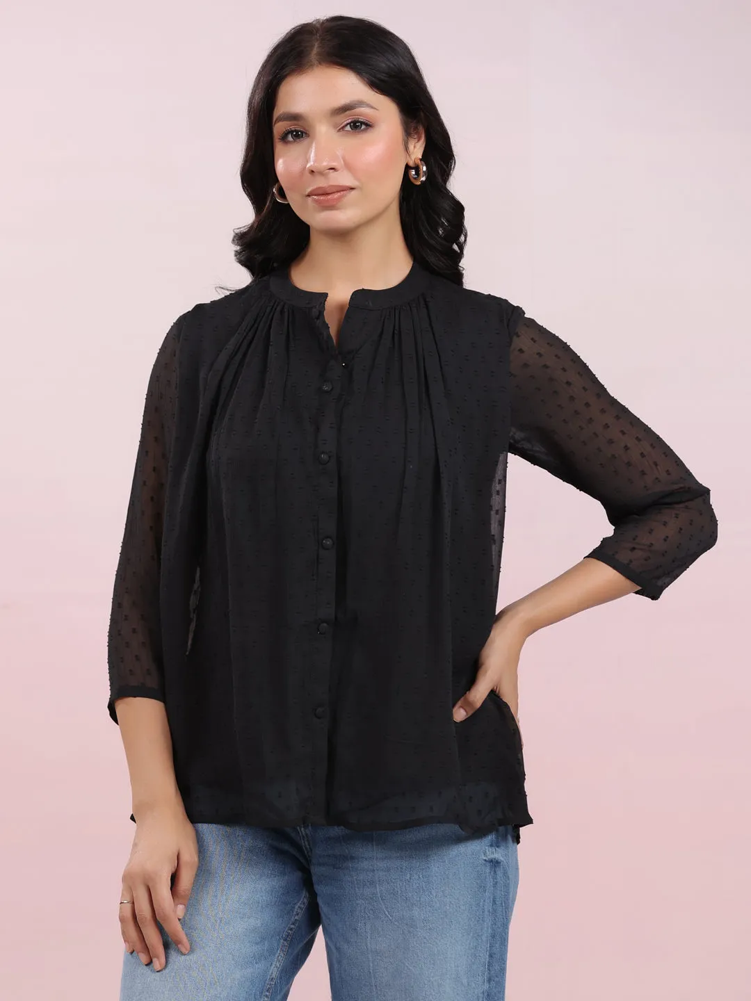 Black Dobby Chiffon Self Design Top