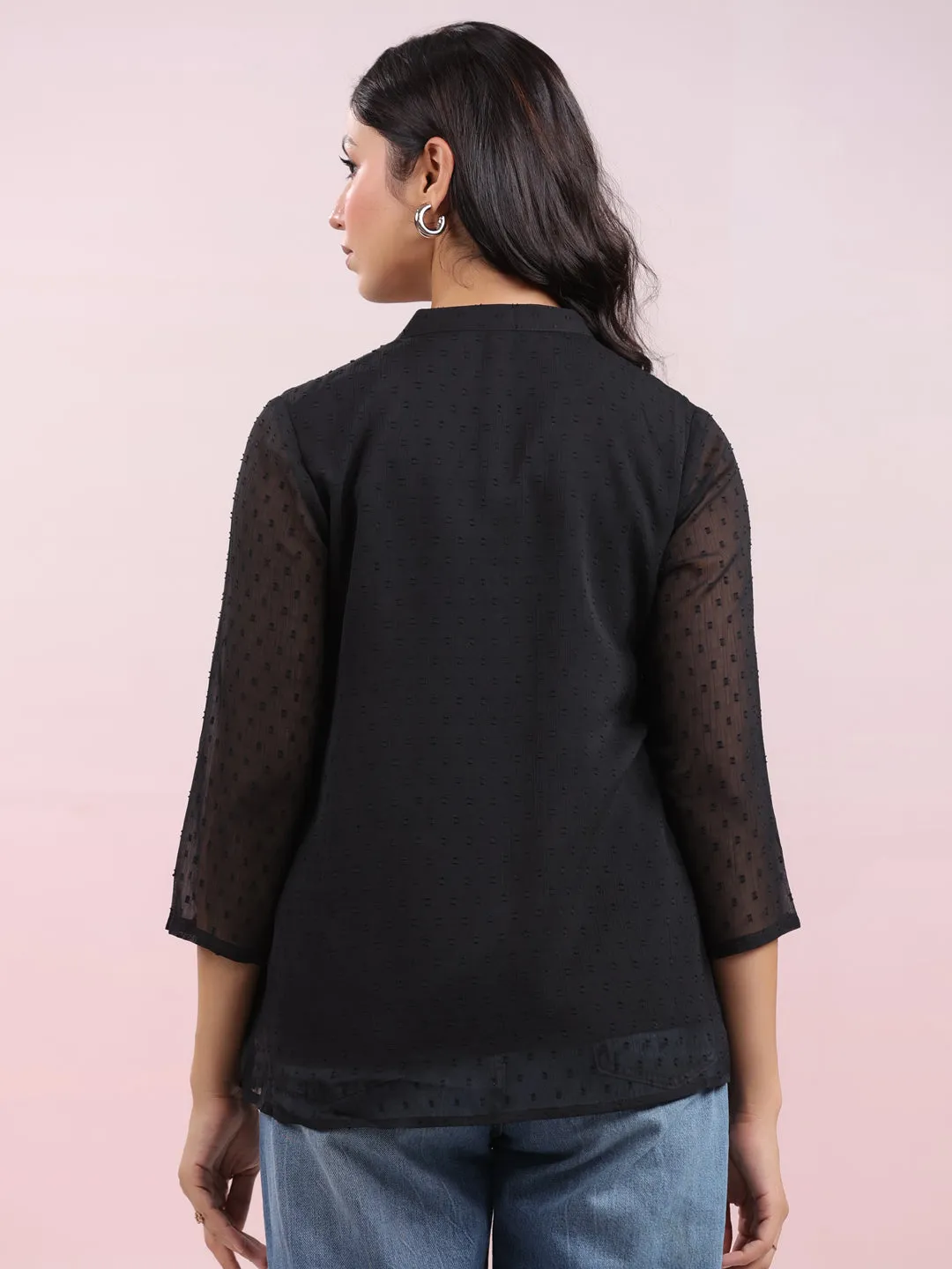 Black Dobby Chiffon Self Design Top