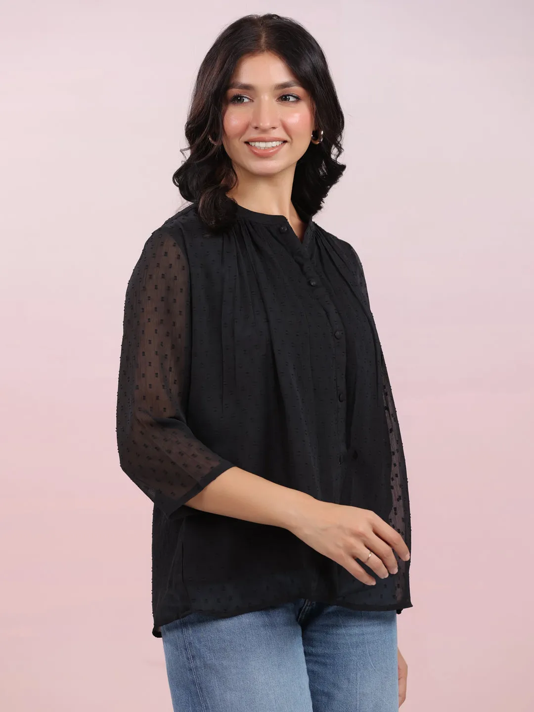 Black Dobby Chiffon Self Design Top