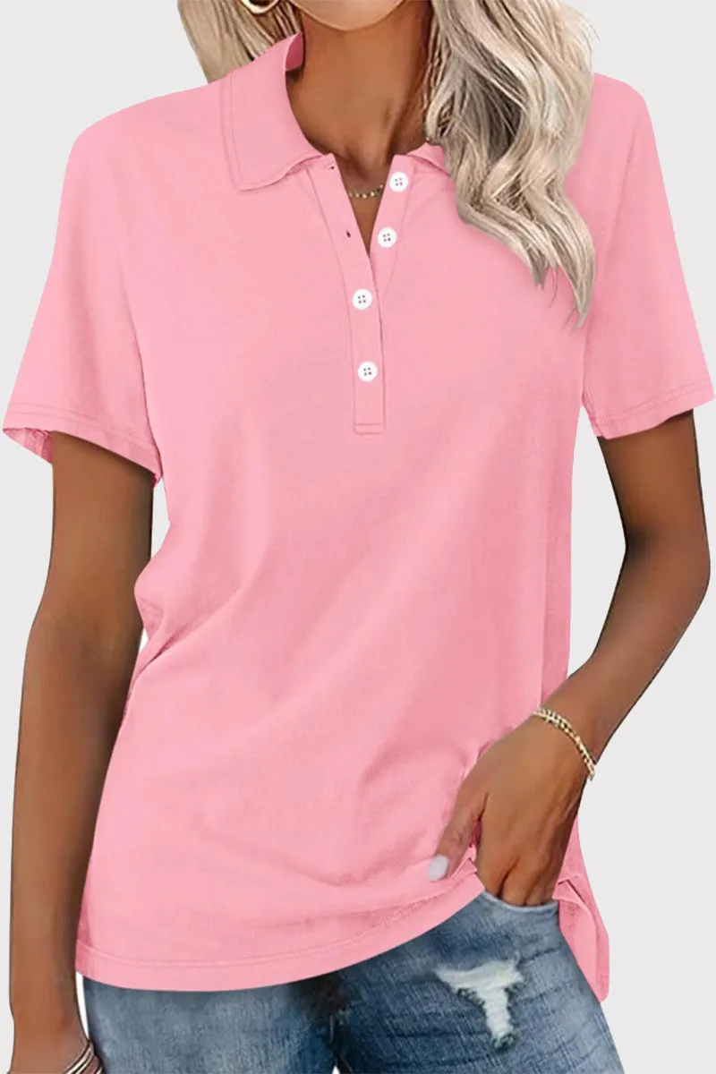 Casual Simplicity Solid Buckle Turndown Collar T-Shirts