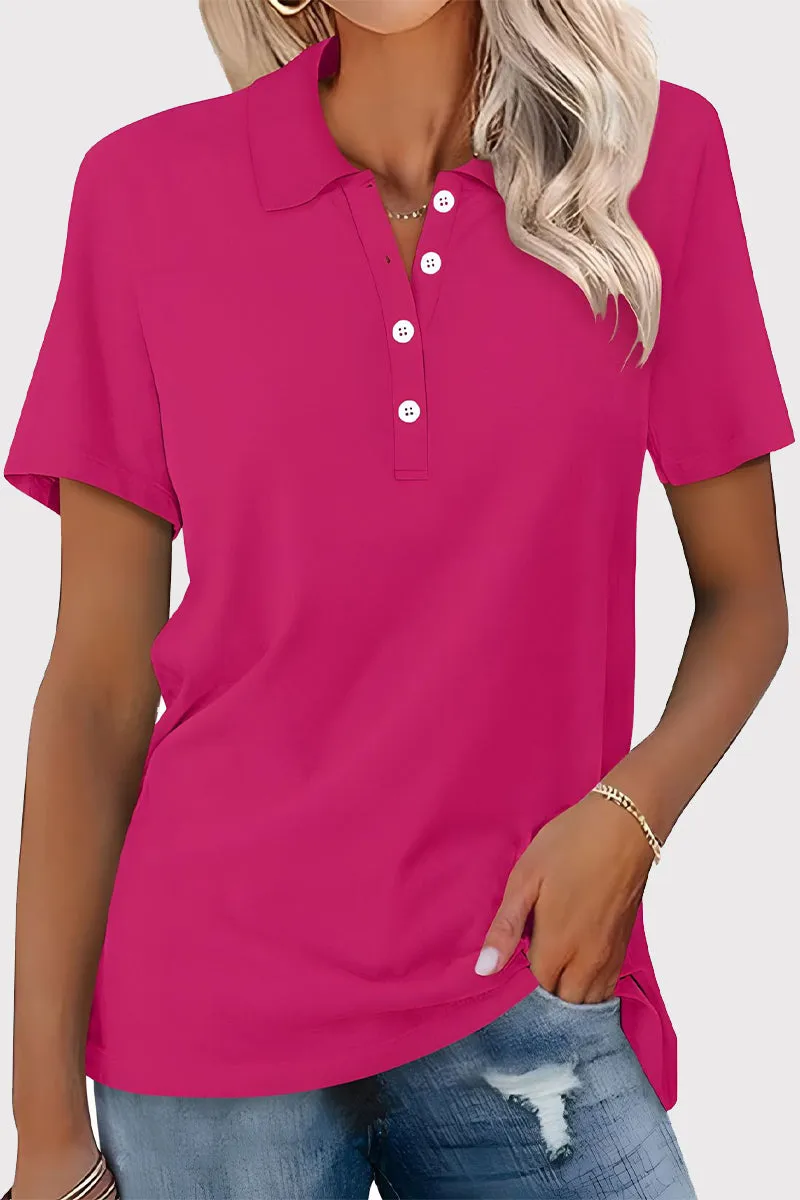 Casual Simplicity Solid Buckle Turndown Collar T-Shirts