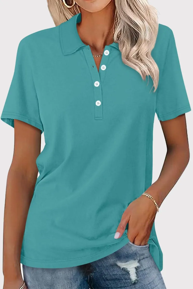 Casual Simplicity Solid Buckle Turndown Collar T-Shirts