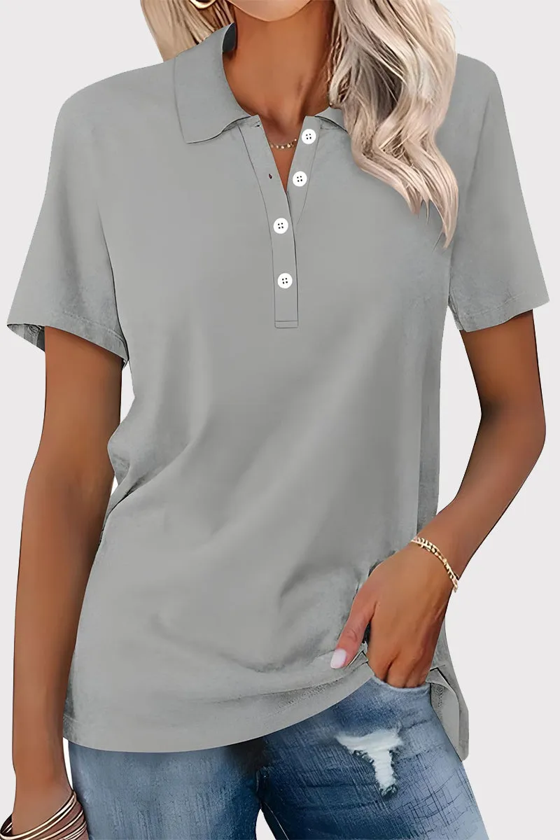 Casual Simplicity Solid Buckle Turndown Collar T-Shirts