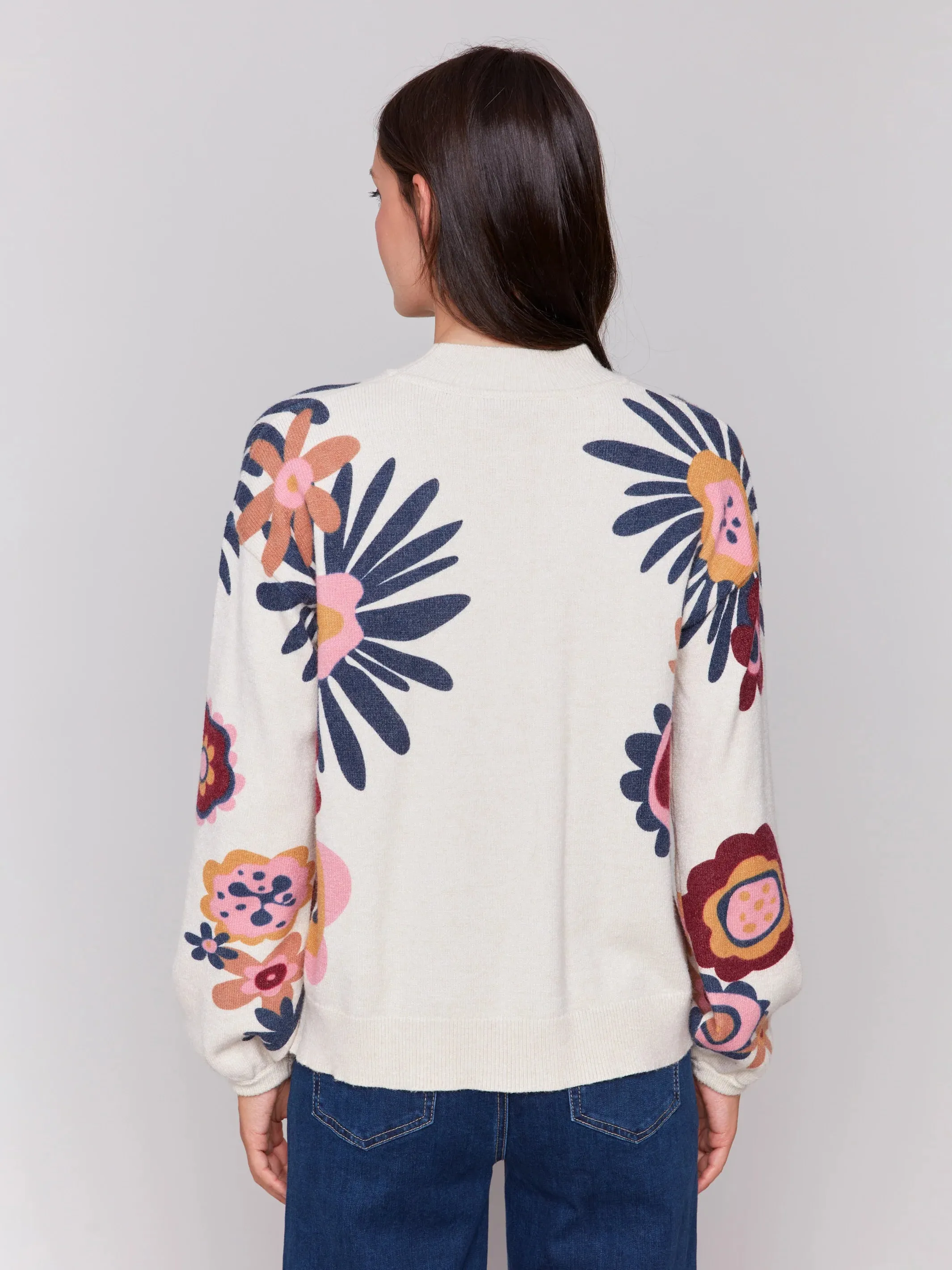 C.B C2689 Floral Print Mock Neck Sweater