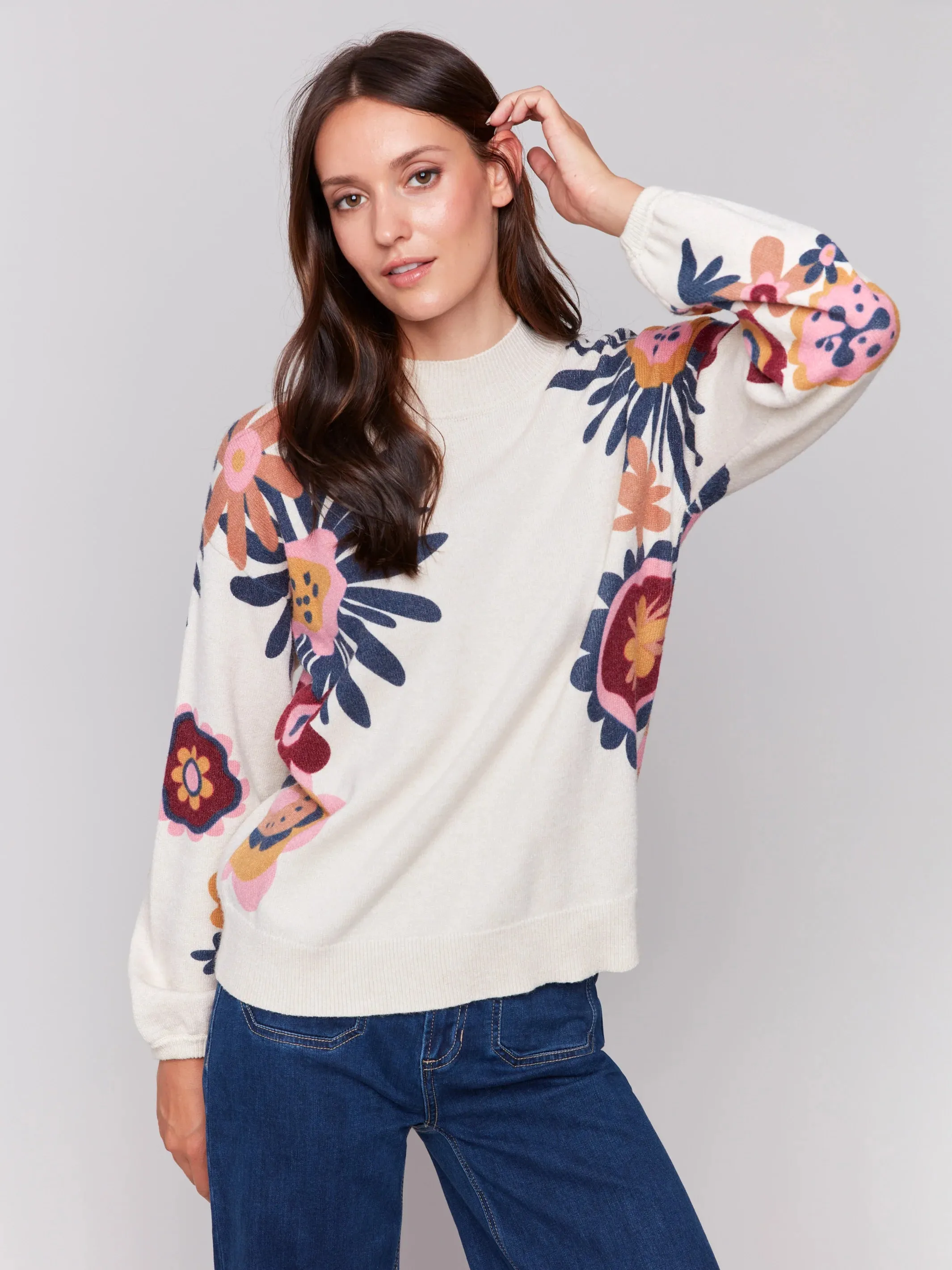 C.B C2689 Floral Print Mock Neck Sweater