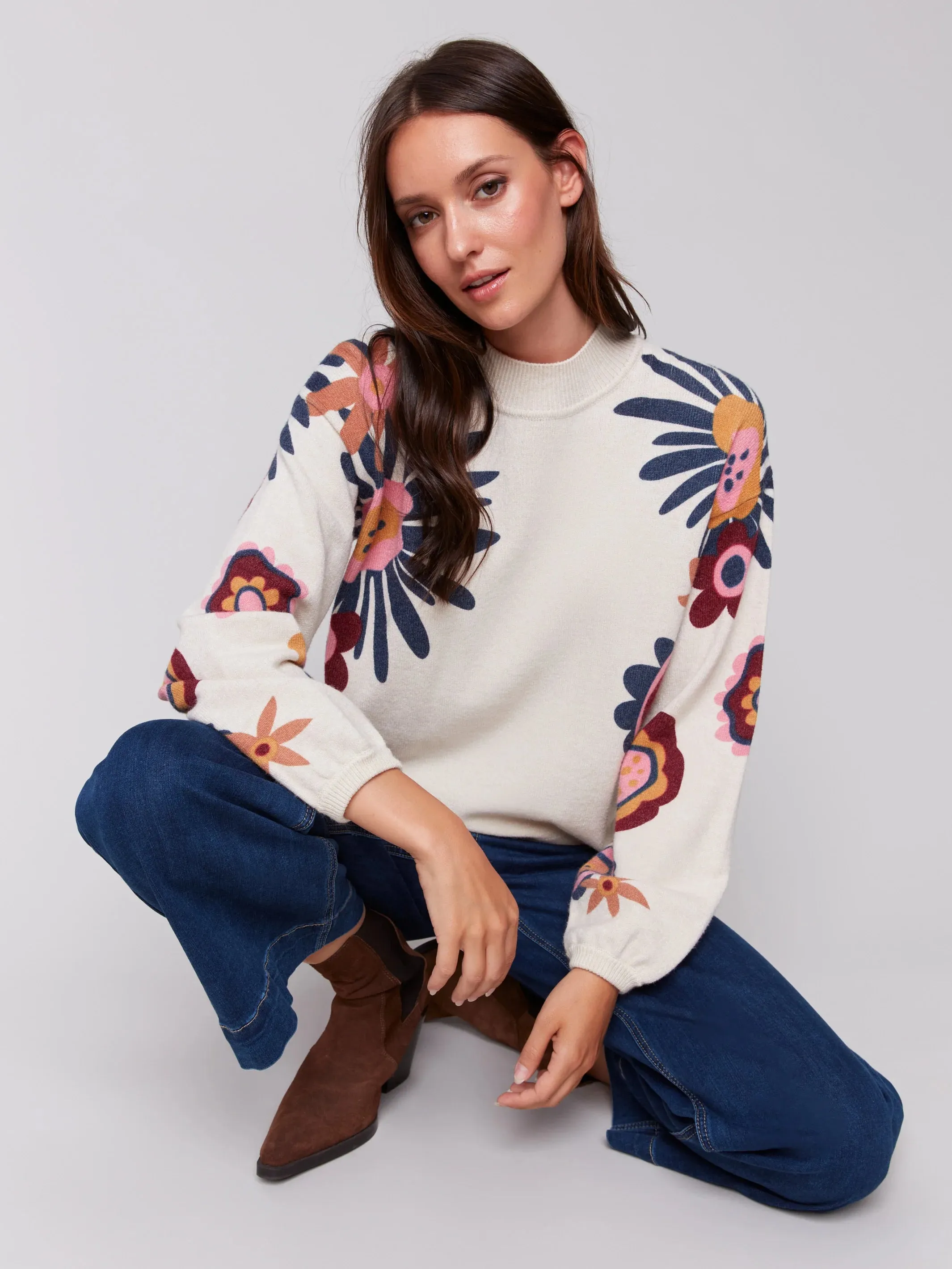 C.B C2689 Floral Print Mock Neck Sweater