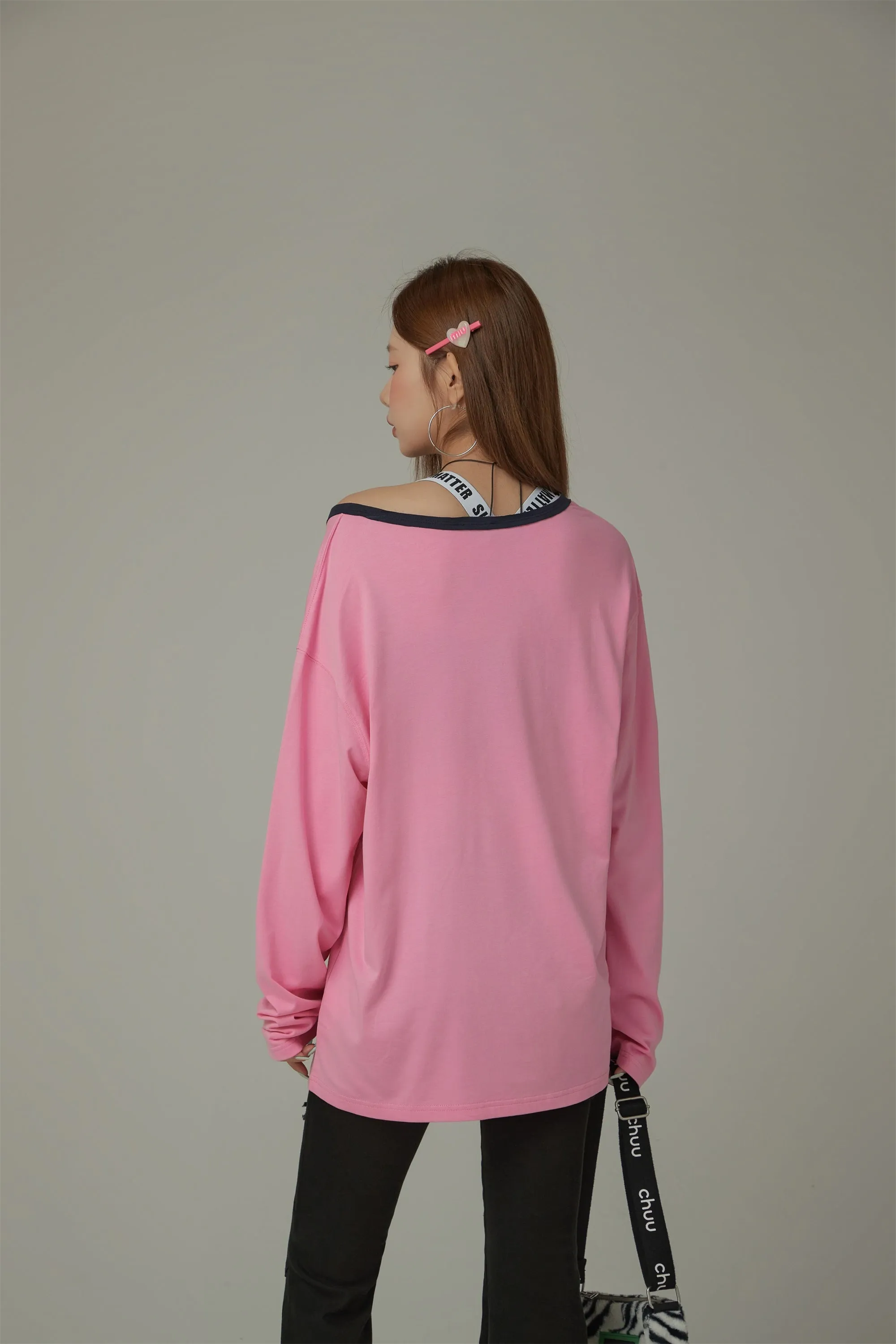 Color V Neck Loose Fit Long Sleeve Basic T-Shirt