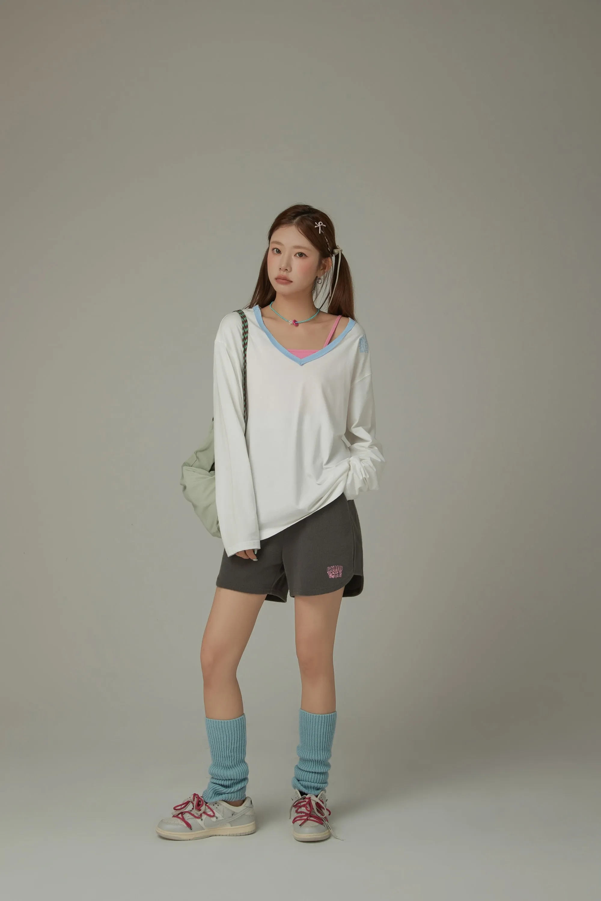 Color V Neck Loose Fit Long Sleeve Basic T-Shirt