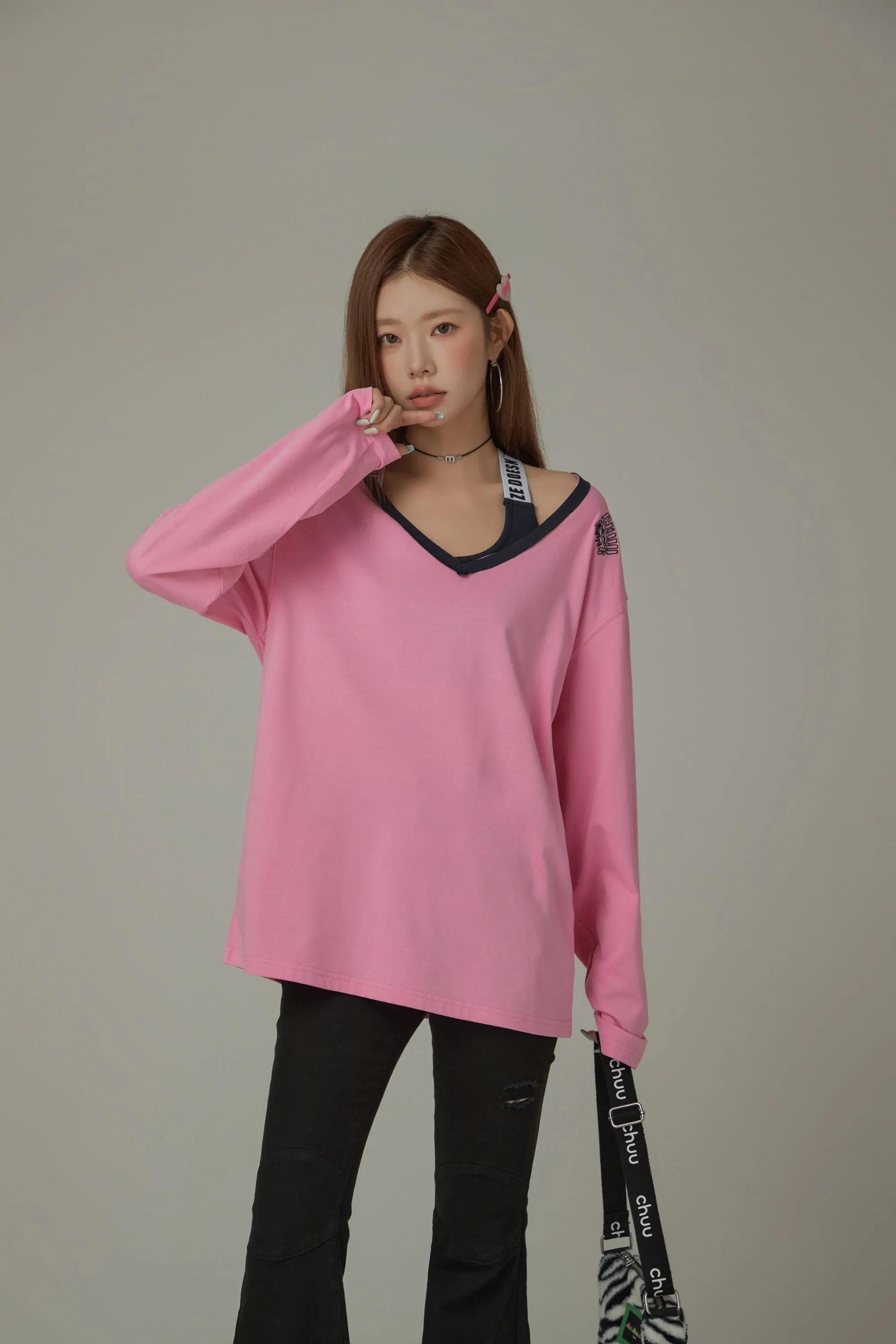 Color V Neck Loose Fit Long Sleeve Basic T-Shirt