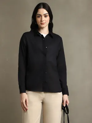 DL Woman Black Solid Textured Spread Collar Full Sleeves Shirt