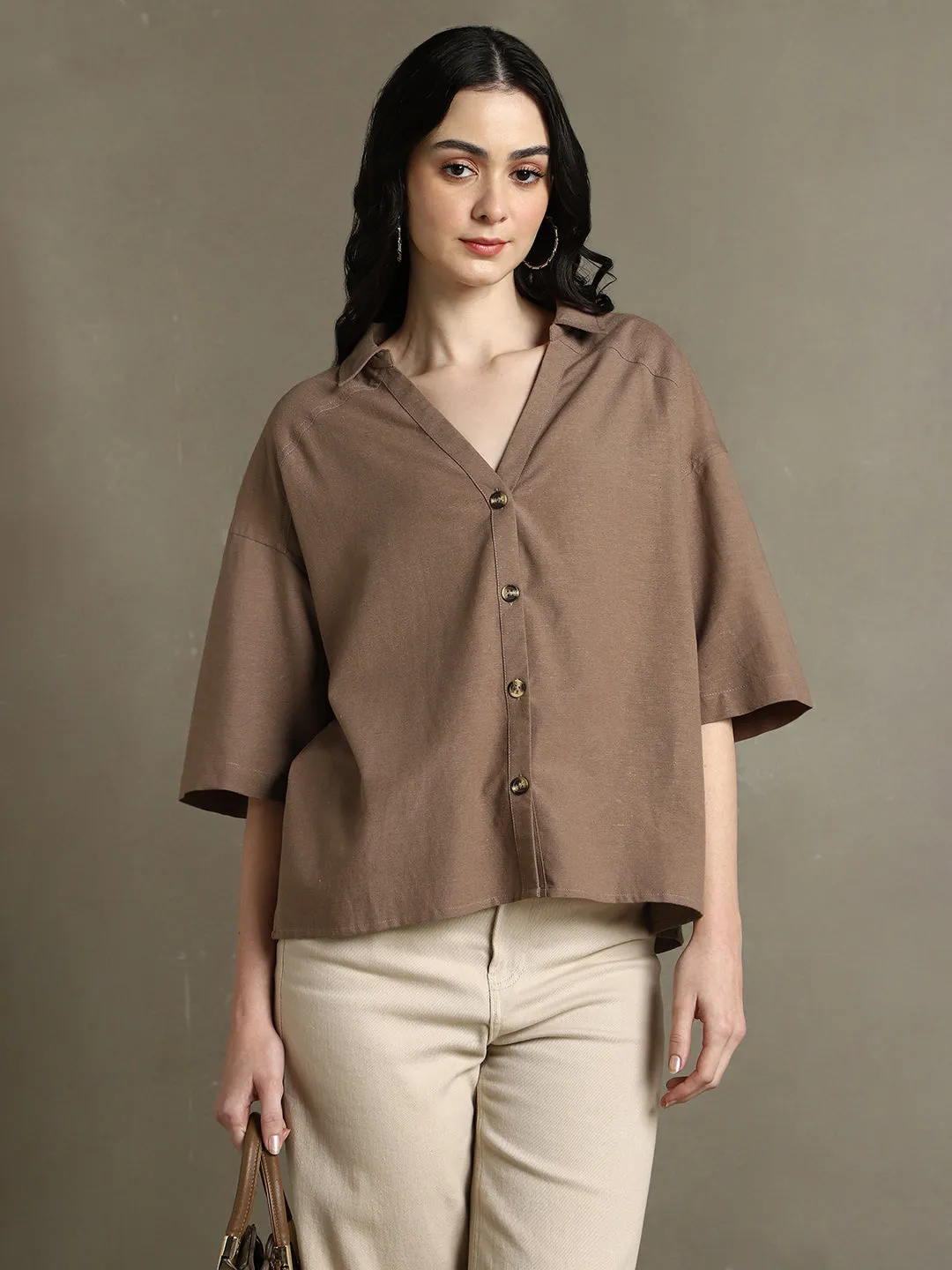 DL Woman Brown Solid Spread Collar Half Sleeves Oversized Shirt