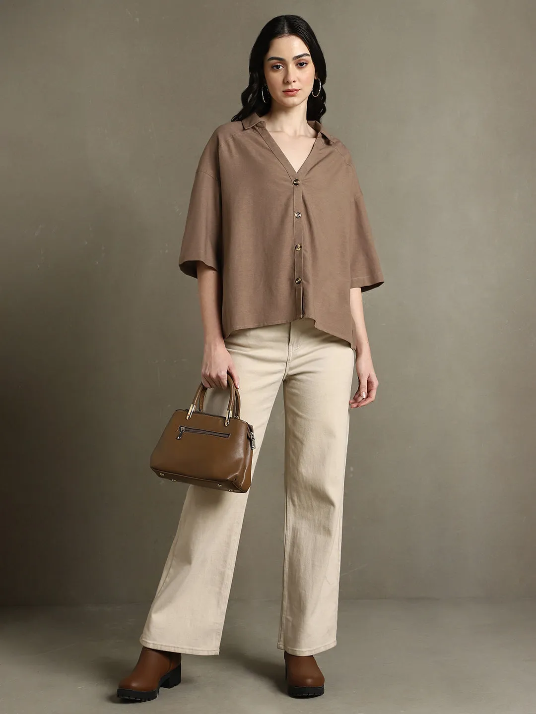 DL Woman Brown Solid Spread Collar Half Sleeves Oversized Shirt