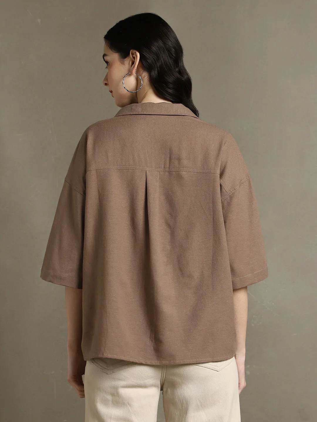 DL Woman Brown Solid Spread Collar Half Sleeves Oversized Shirt