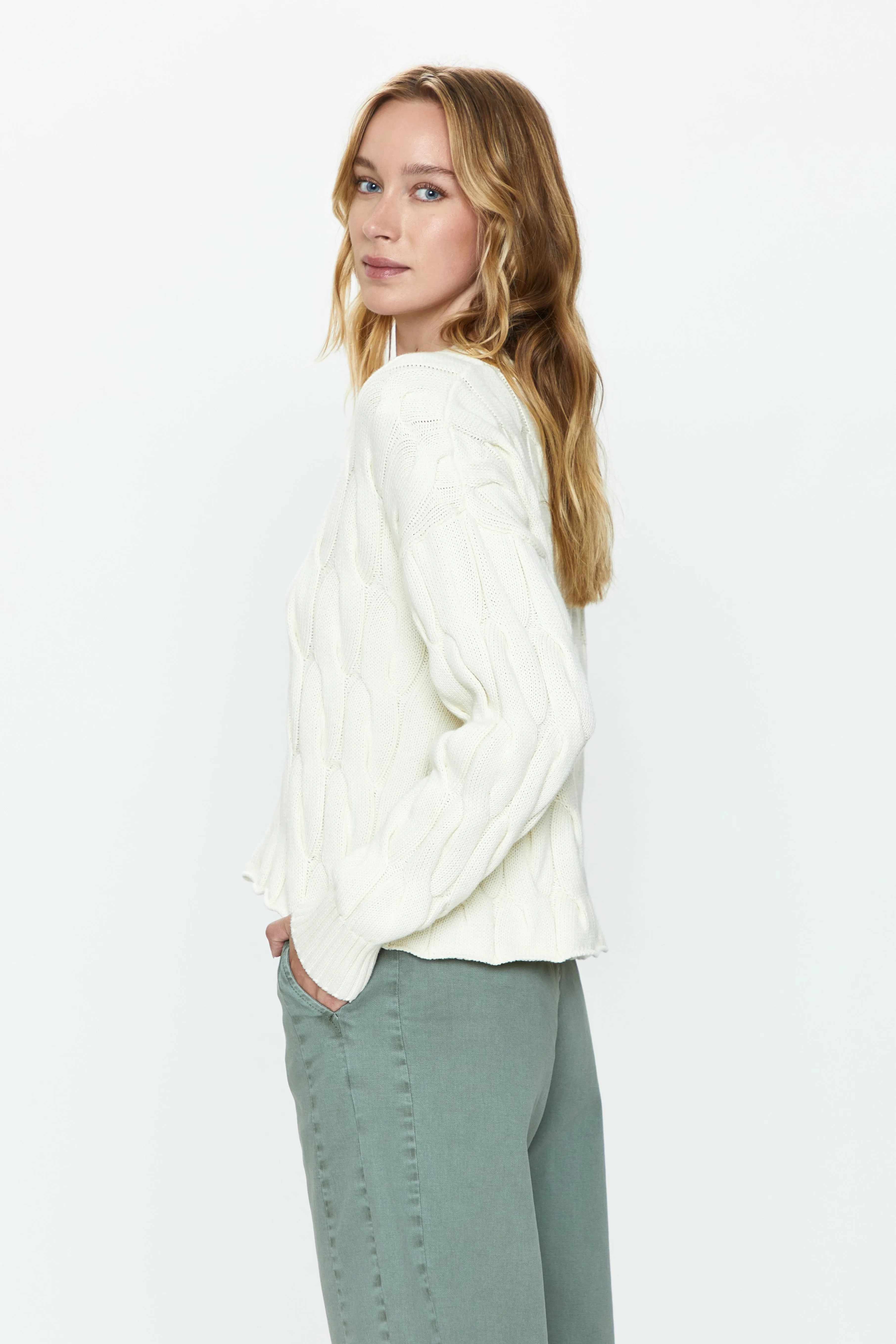 Eva Crew Neck Sweater - Ecru Cable