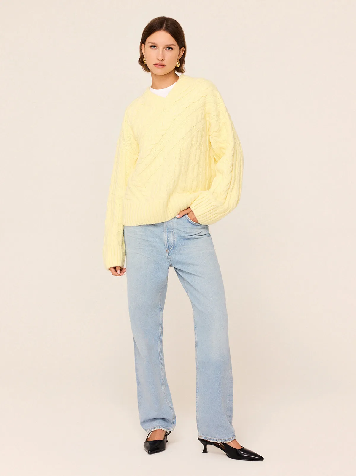 Everly Lemon Cable Knit V-Neck Jumper