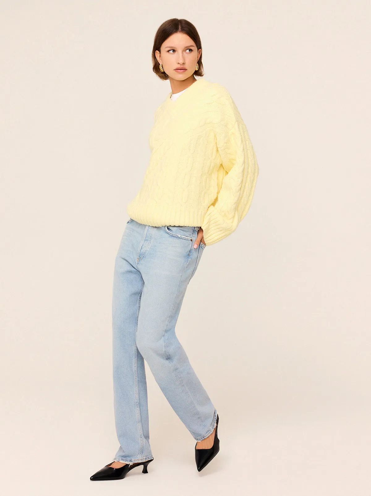 Everly Lemon Cable Knit V-Neck Jumper