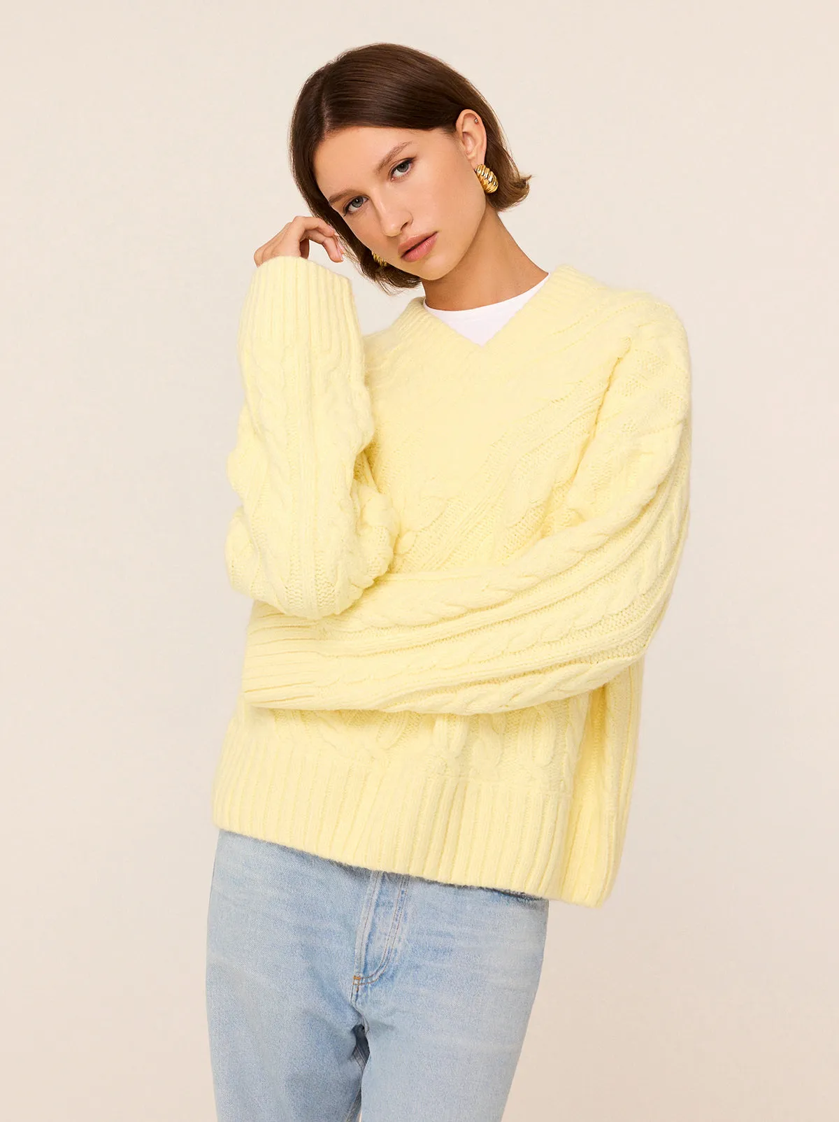 Everly Lemon Cable Knit V-Neck Jumper