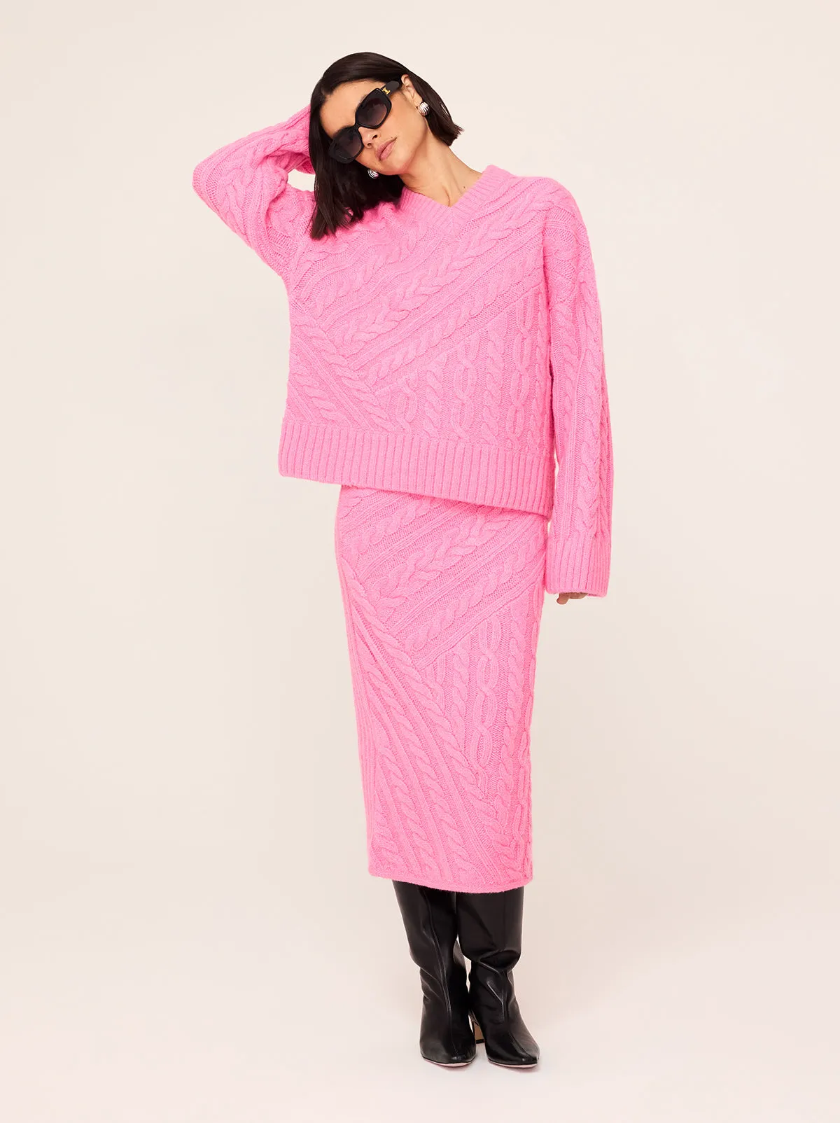 Everly Pink Cable Knit V-Neck Jumper