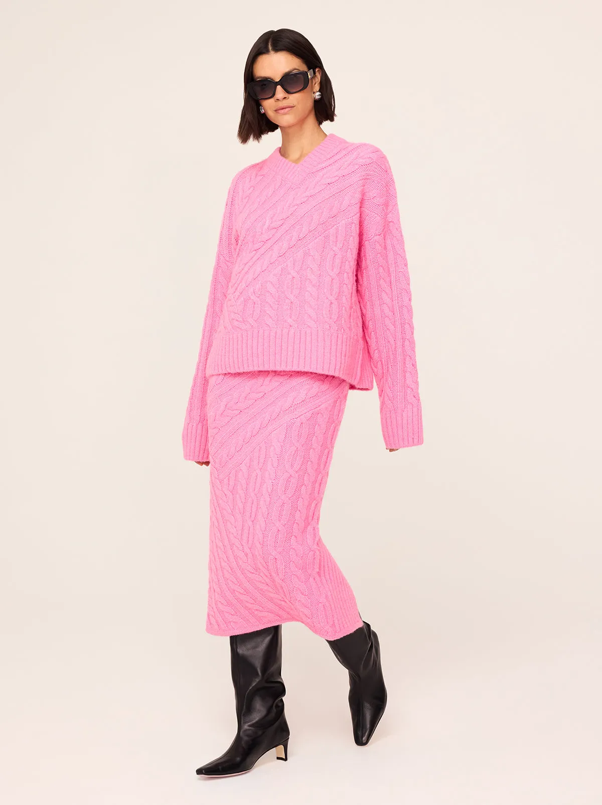 Everly Pink Cable Knit V-Neck Jumper