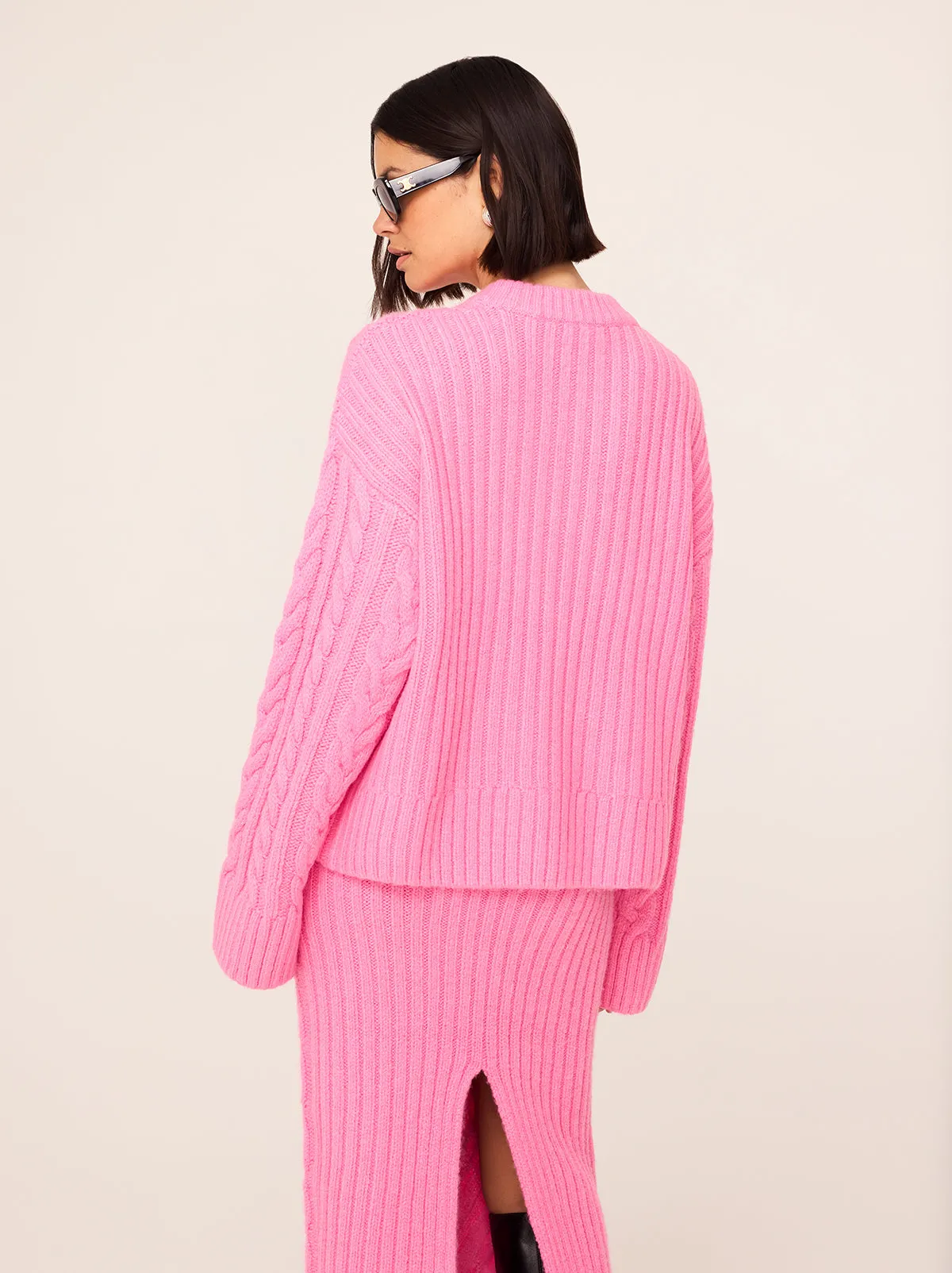 Everly Pink Cable Knit V-Neck Jumper