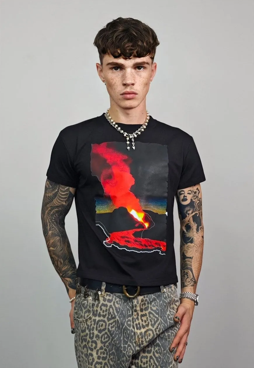 Flame print t-shirt slim fit unisex Volcano tee raver top