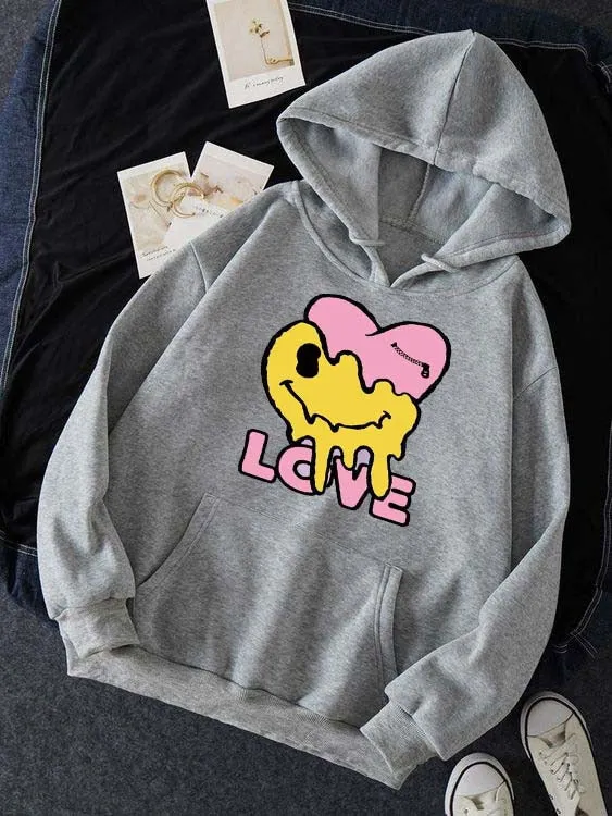 Grey Yellow Smile Love Printed Hoodie