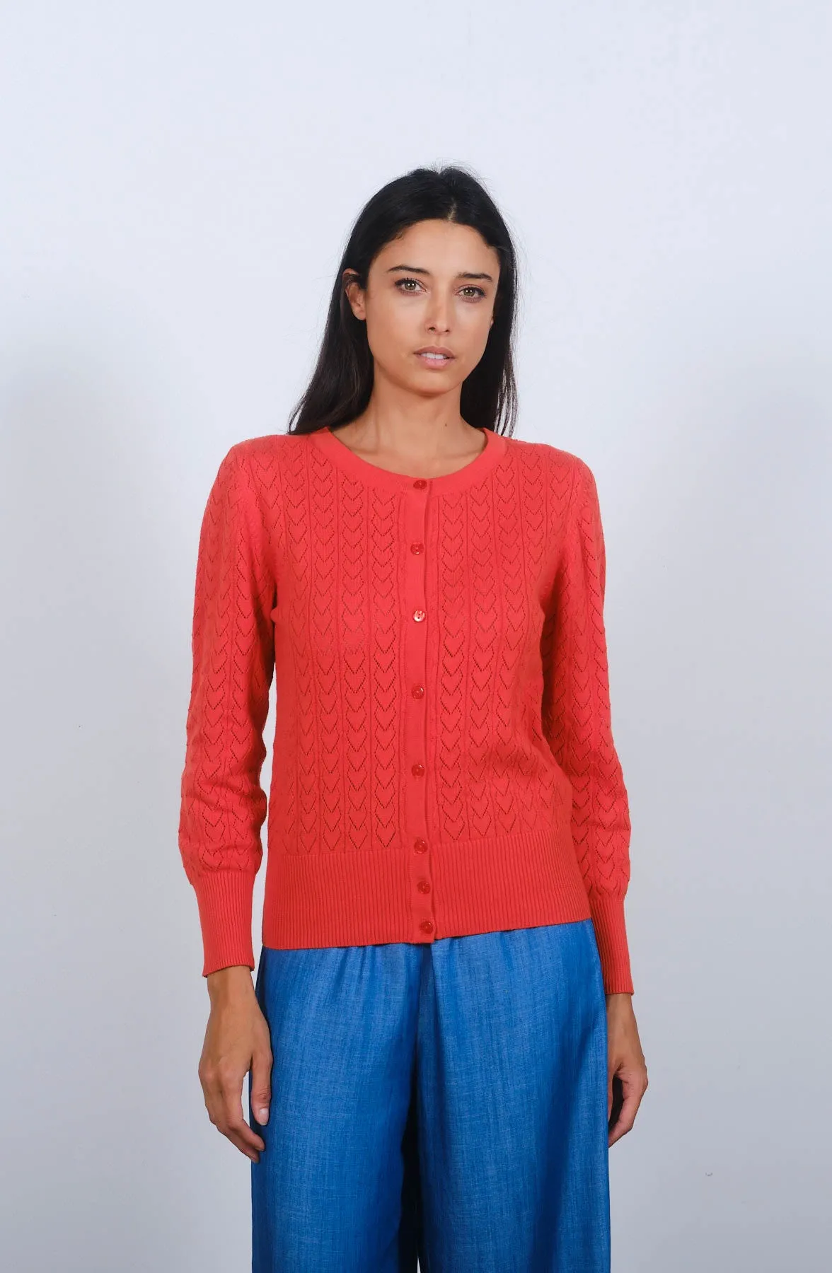 Heart Pointelle Cardigan in Spicy Orange