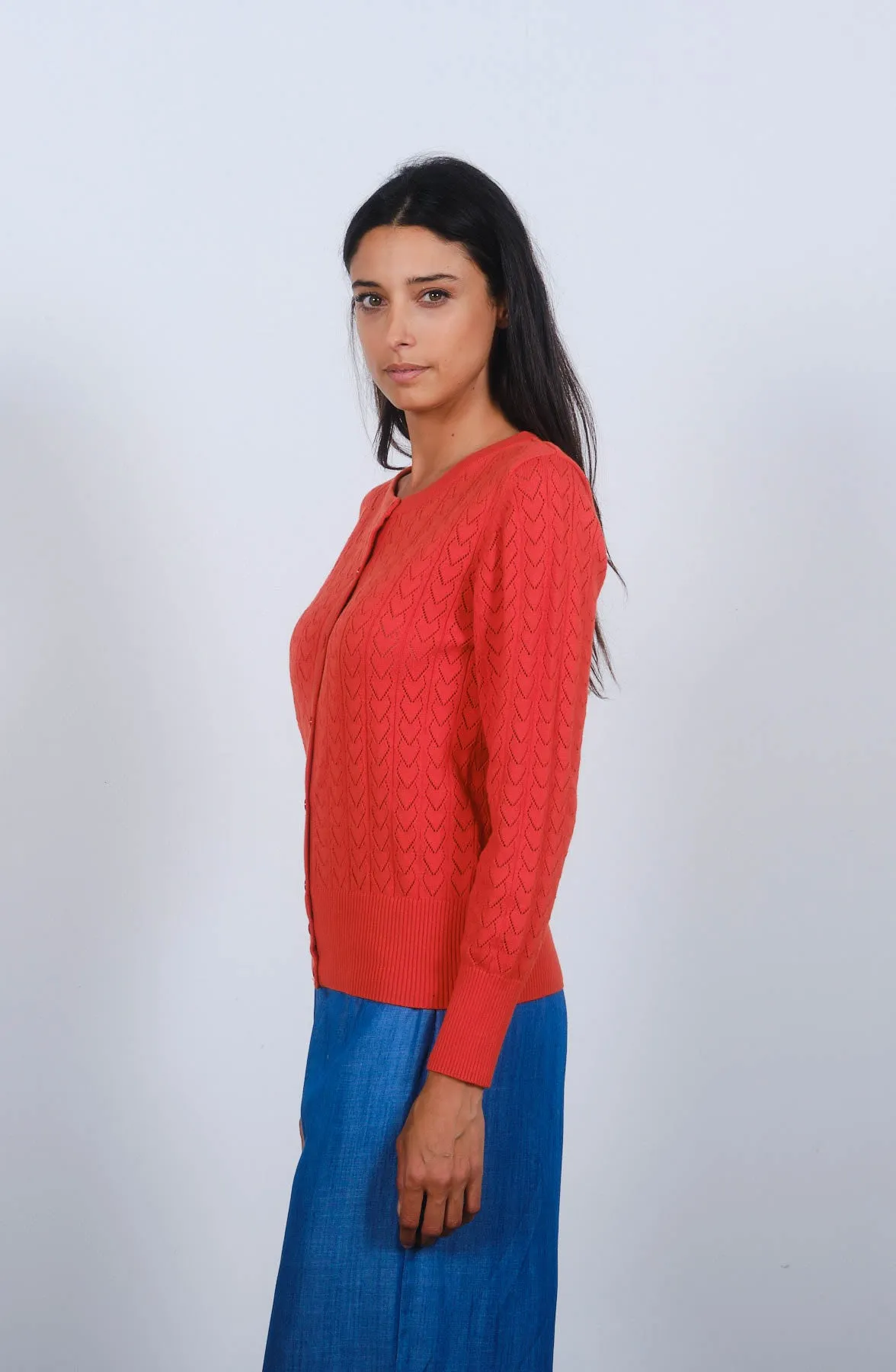 Heart Pointelle Cardigan in Spicy Orange