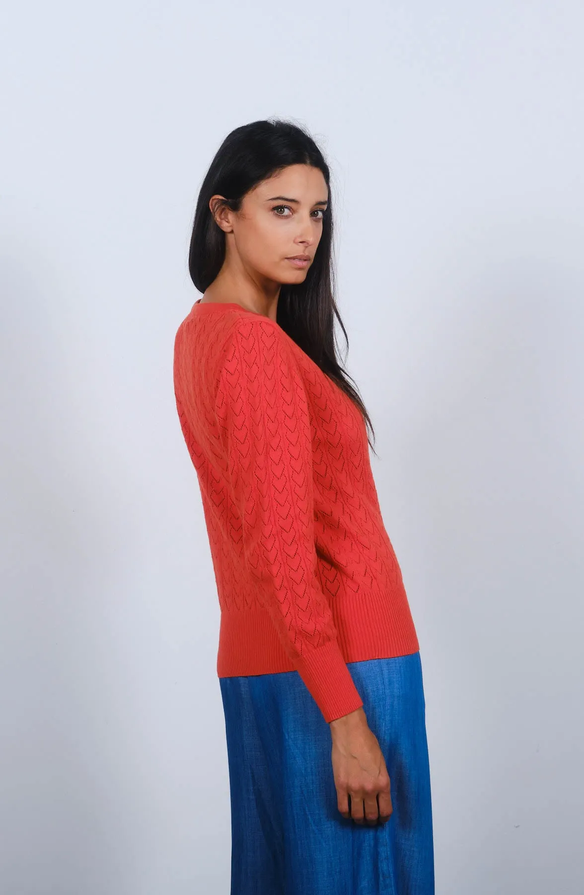 Heart Pointelle Cardigan in Spicy Orange