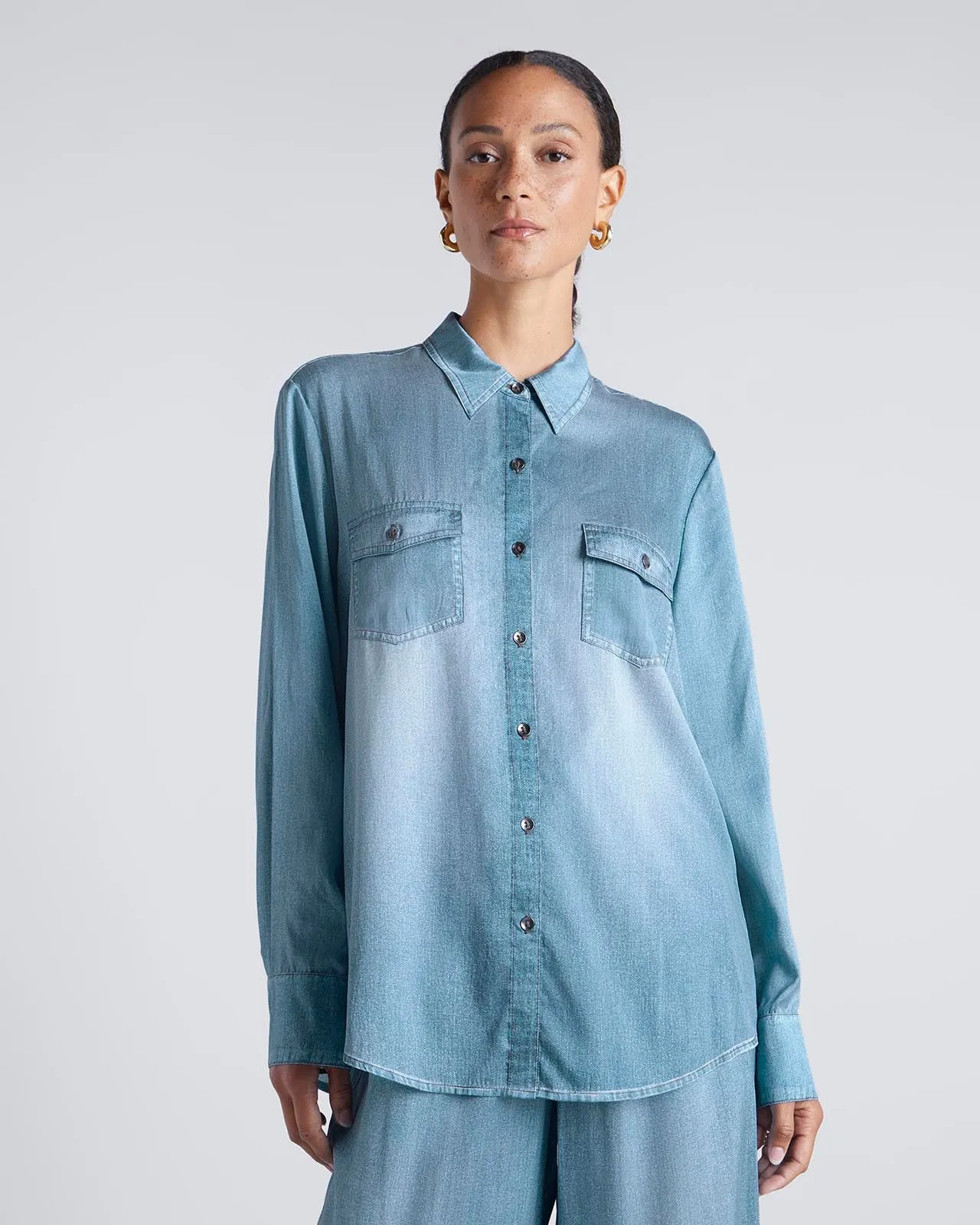 Kate Young x Splendid Silk Button-Down Denim-Print Shirt