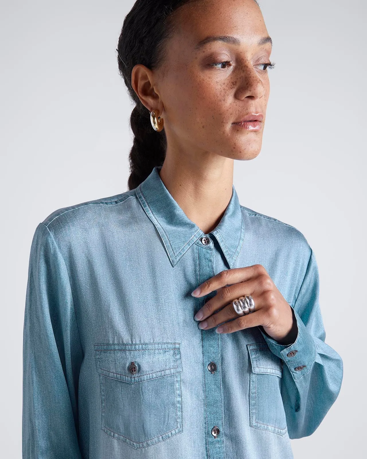 Kate Young x Splendid Silk Button-Down Denim-Print Shirt