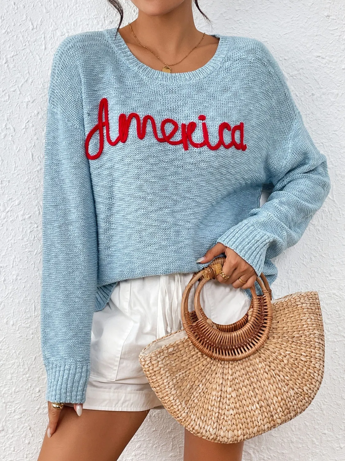 Letter Round Neck Long Sleeve Sweater