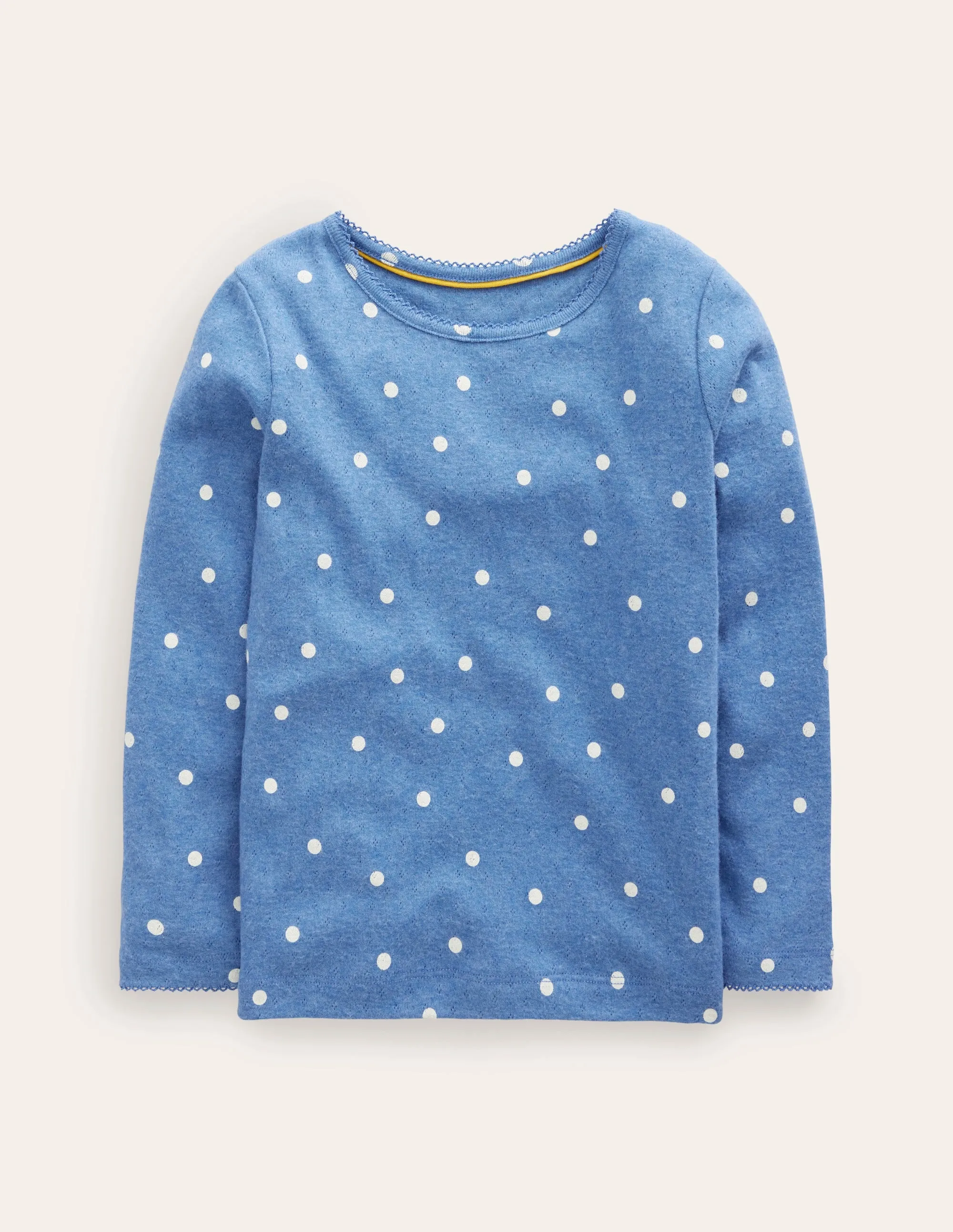 Long Sleeve Pointelle Top-Delft Blue/Ivory Spot