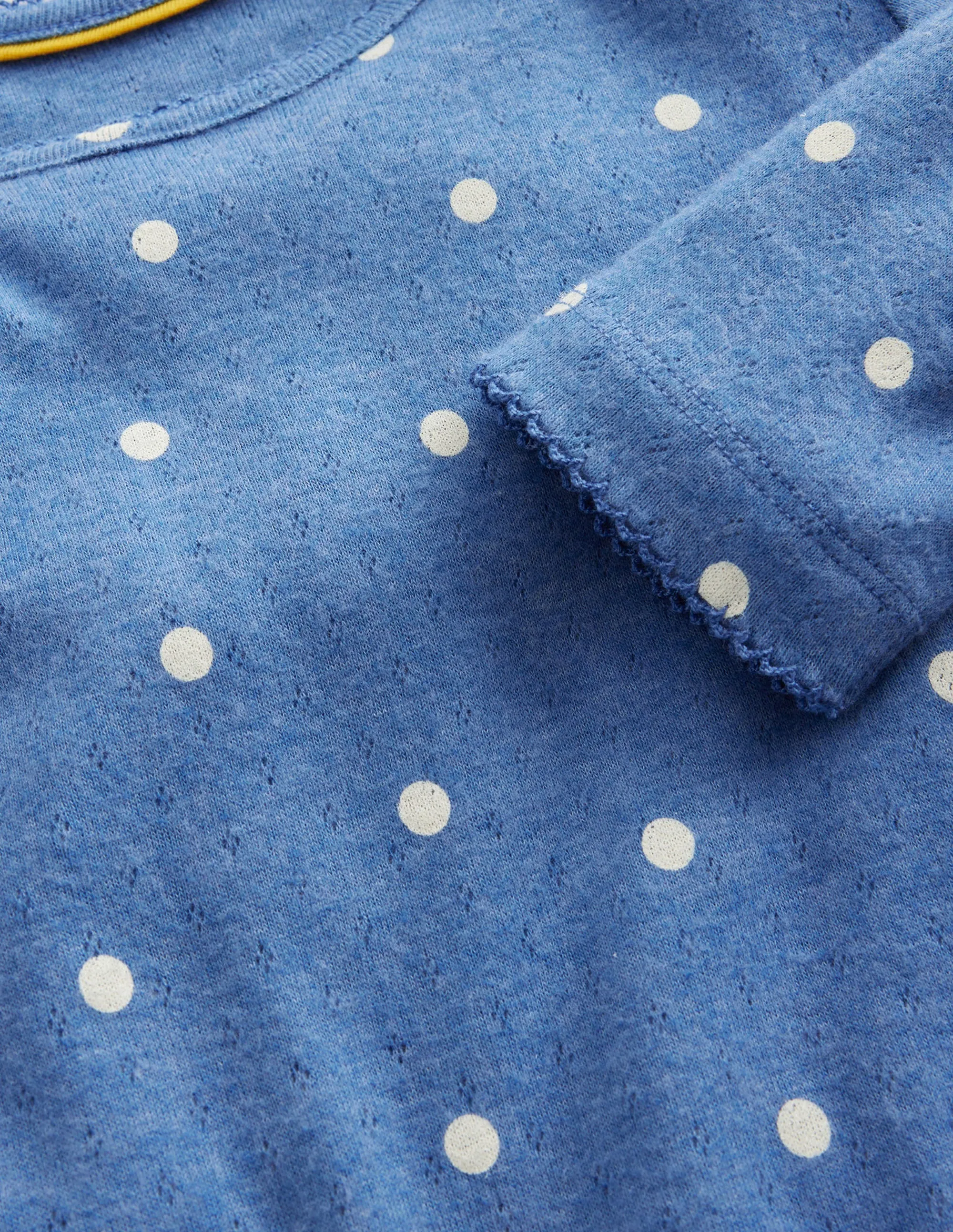 Long Sleeve Pointelle Top-Delft Blue/Ivory Spot