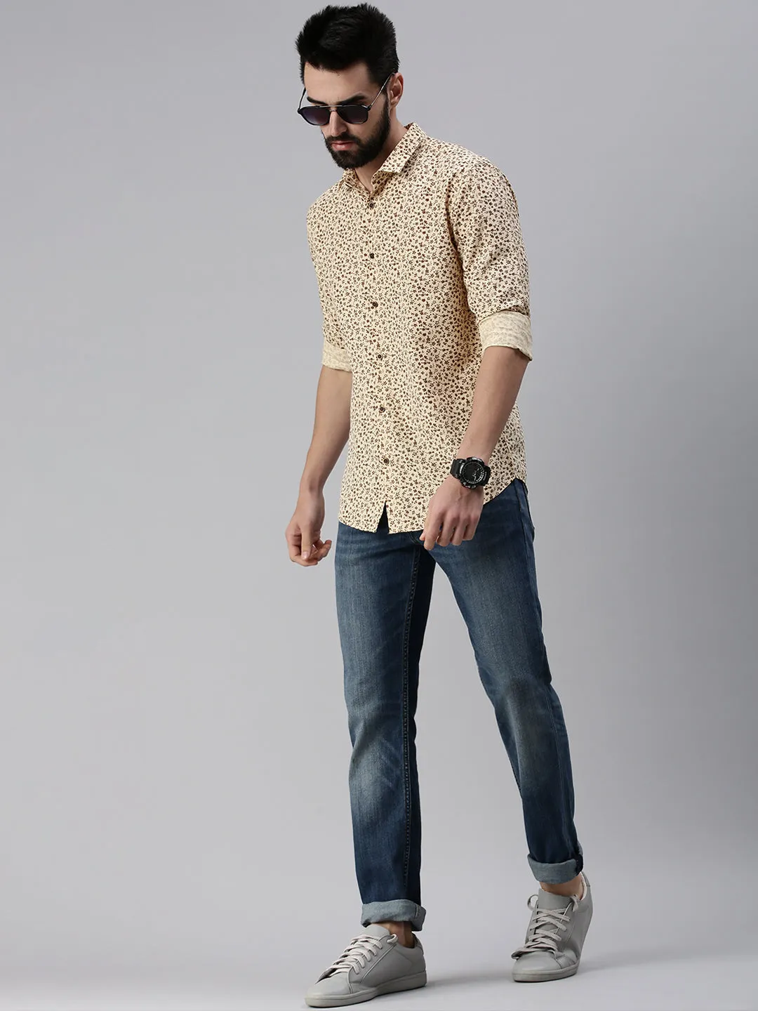 Men Spread Collar Printed Beige Shirt