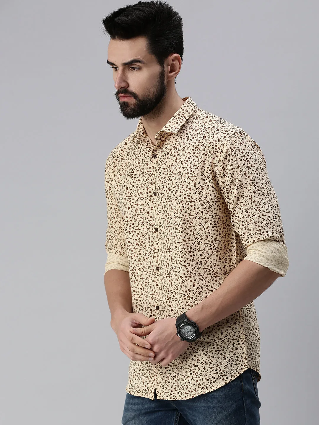 Men Spread Collar Printed Beige Shirt