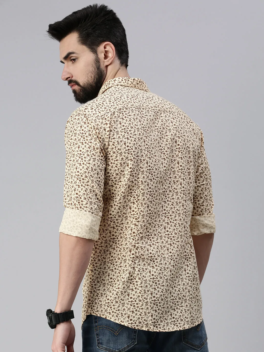 Men Spread Collar Printed Beige Shirt