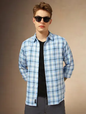 Men's Blue Checks Spread Collar Full Sleeves Shirt