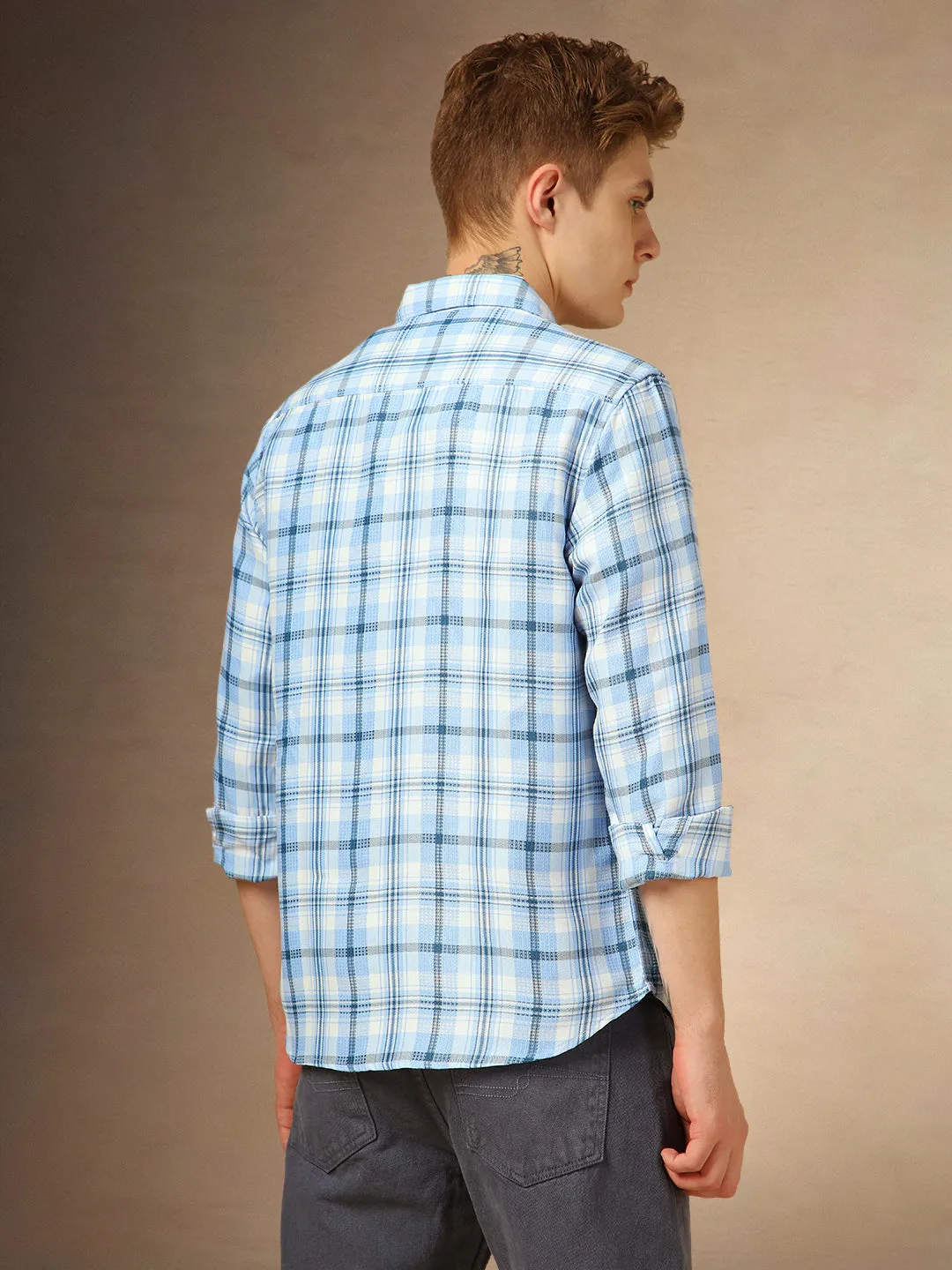 Men's Blue Checks Spread Collar Full Sleeves Shirt