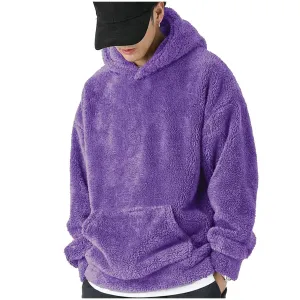 Men'S Round Neck Long Sleeved Coral Fleece Hooded Sweatshirt Winter Warm Thickened Solid Color Long Sleeved Oversized Hoodies