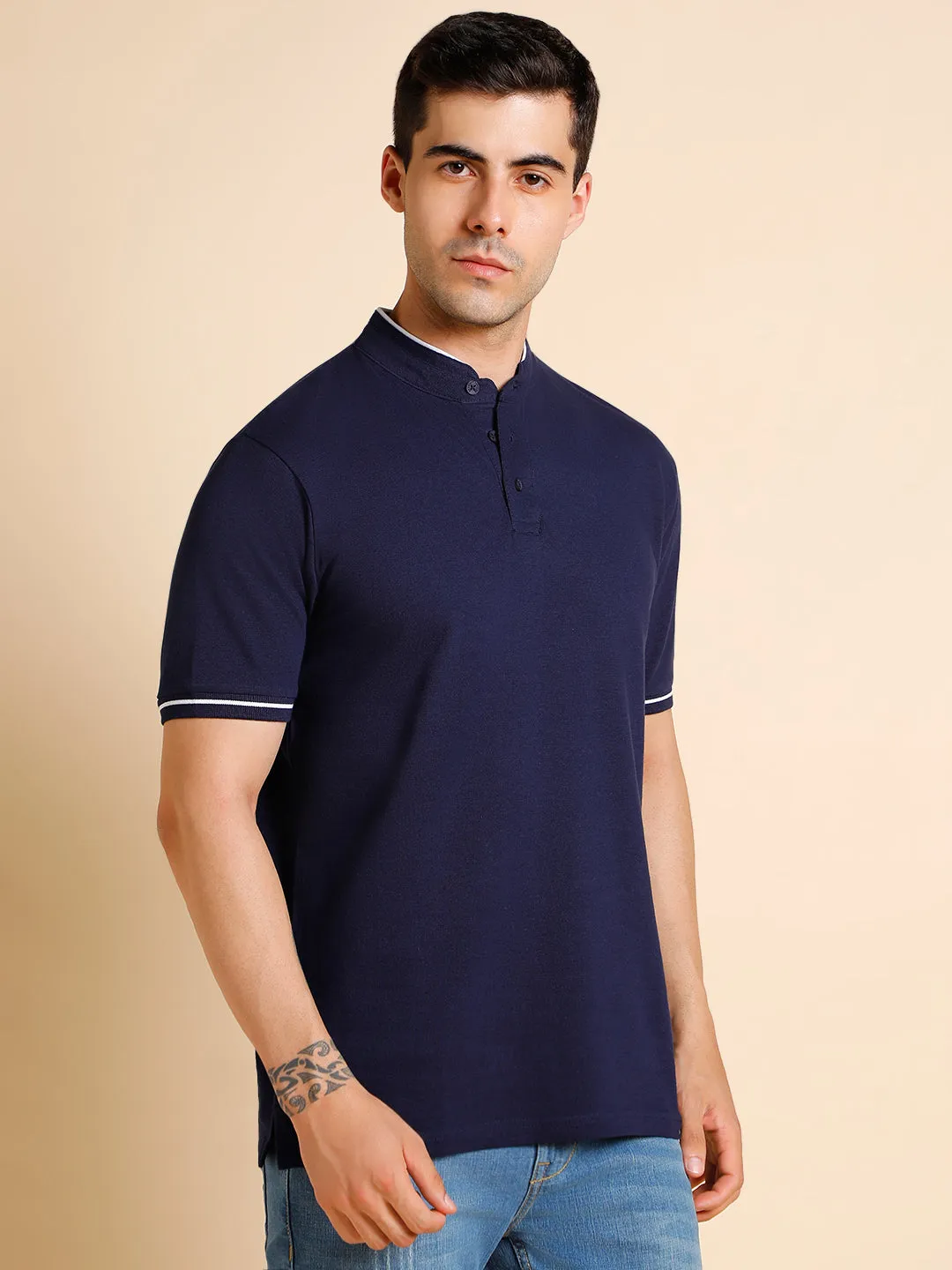 Men's Solid Navy Polo Collar T-shirt