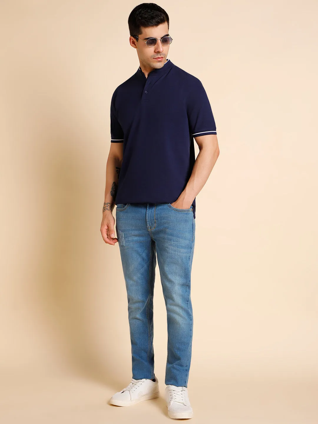 Men's Solid Navy Polo Collar T-shirt