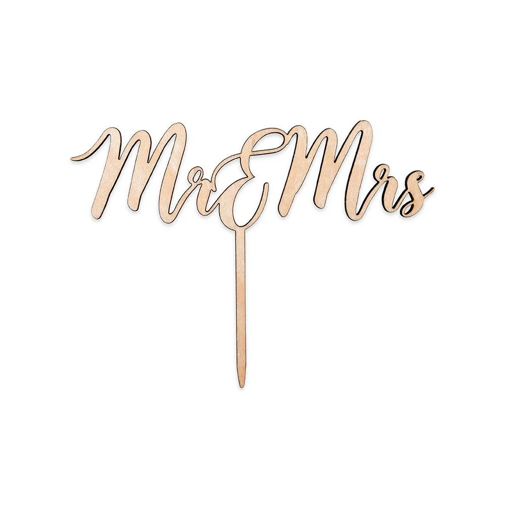 Mr & Mrs Natural Wood Cake Topper Decoration Pick