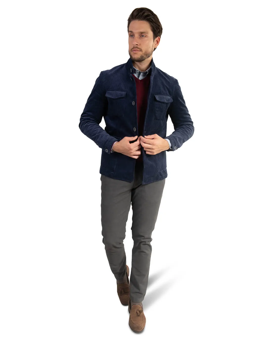 Navy Corduroy Nehru Collar Jacket