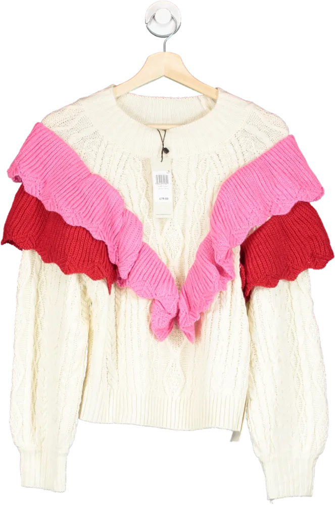 Never Fully Dressed Cream/ Pink Ruffle Cable Jumper  UK M