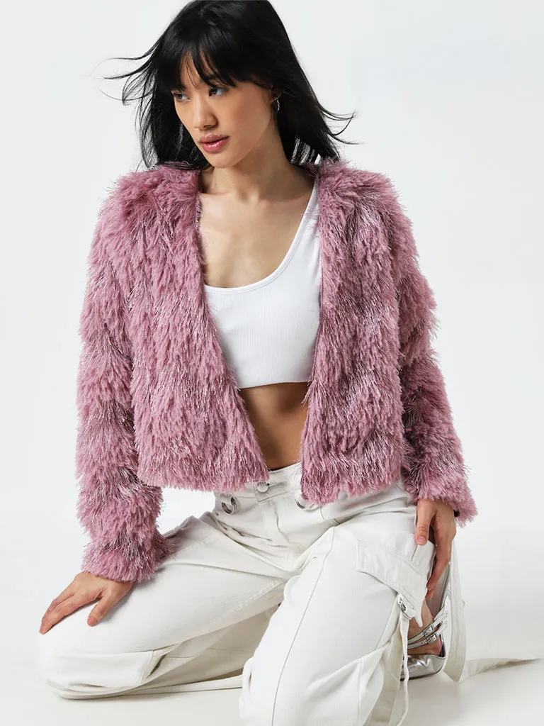 Nuon Pink Shimmer-Detailed Faux-Fur Jacket